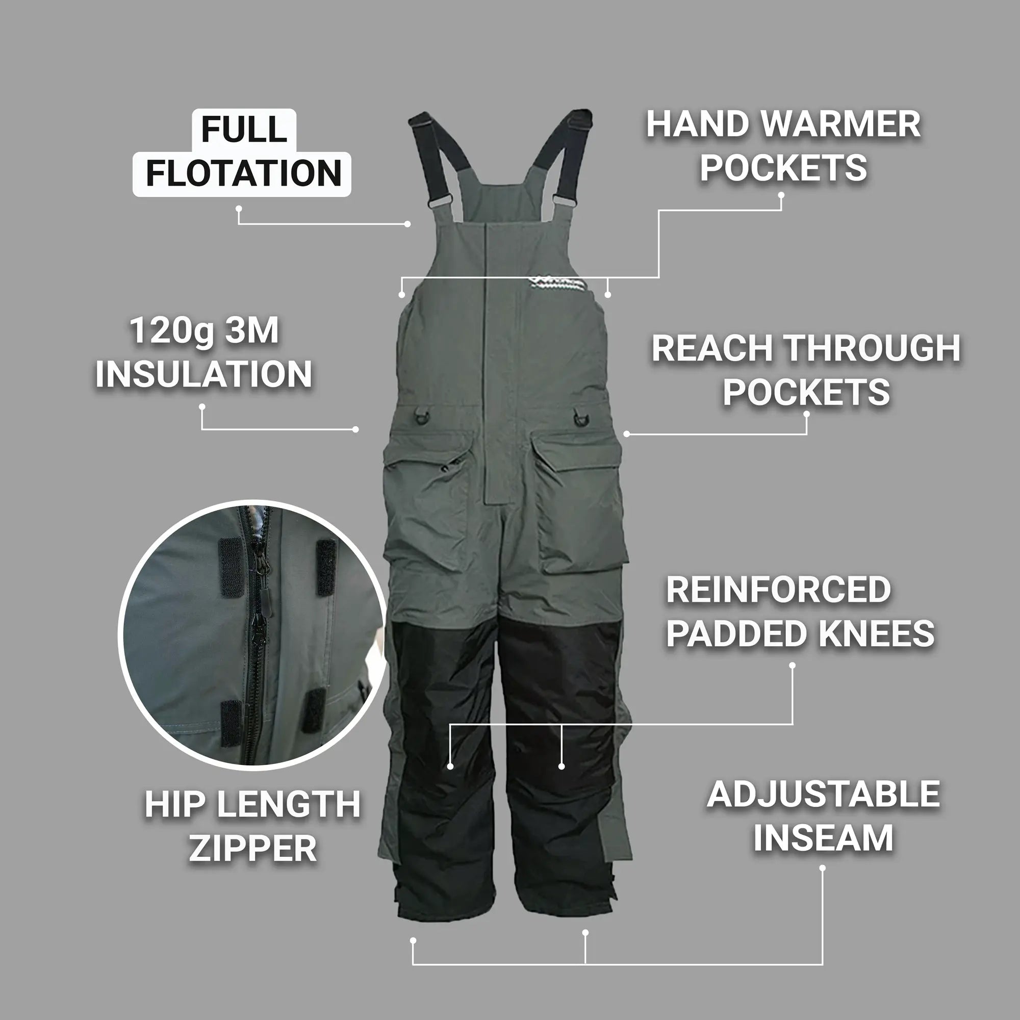 WindRider Ice Fishing Suit | Insulated Bibs and Jacket | Flotation | Tons  of Pockets | Adjustable Inseam | Reflective Piping : : Clothing